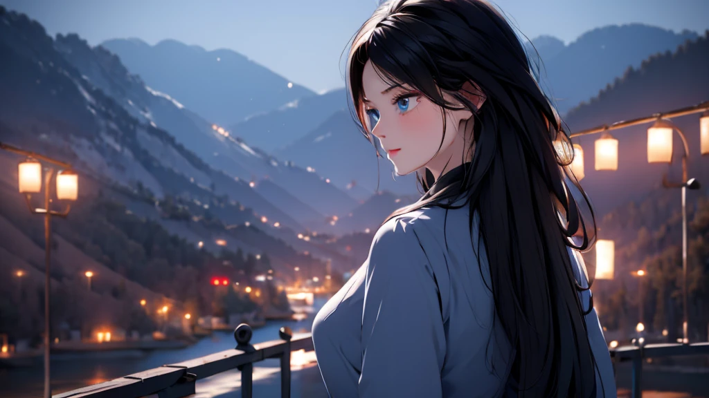 1 Girl, medium light black hair, light blue eyes , wearing black Suit 4D , night TOWN , high res, ultrasharp, 8K, masterpiece, looking from behind