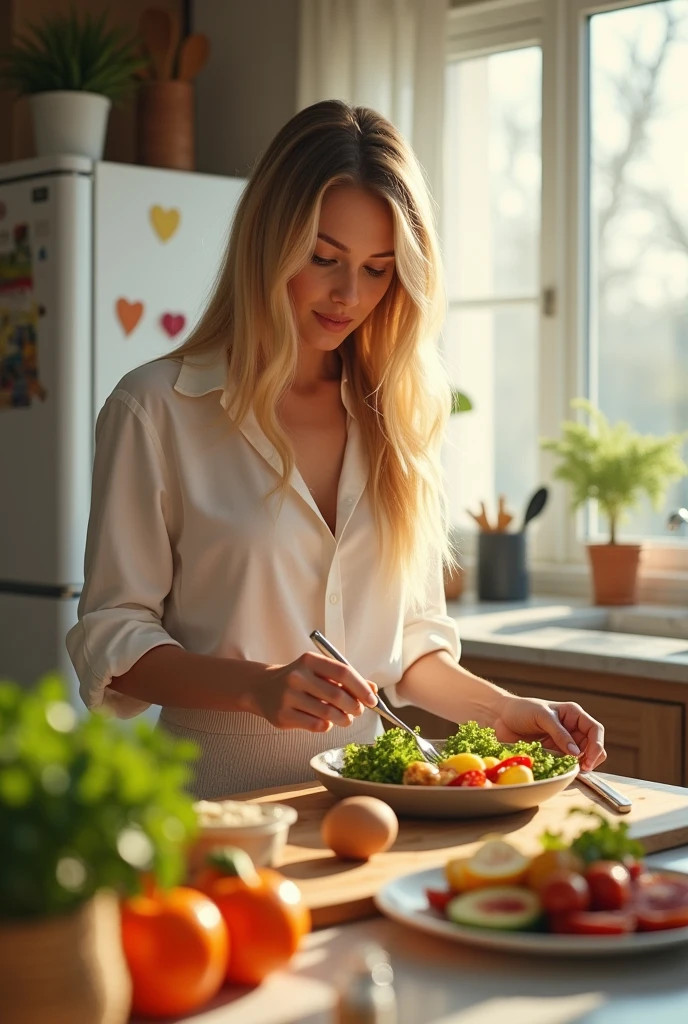 Make a blonde model back at home making lunch