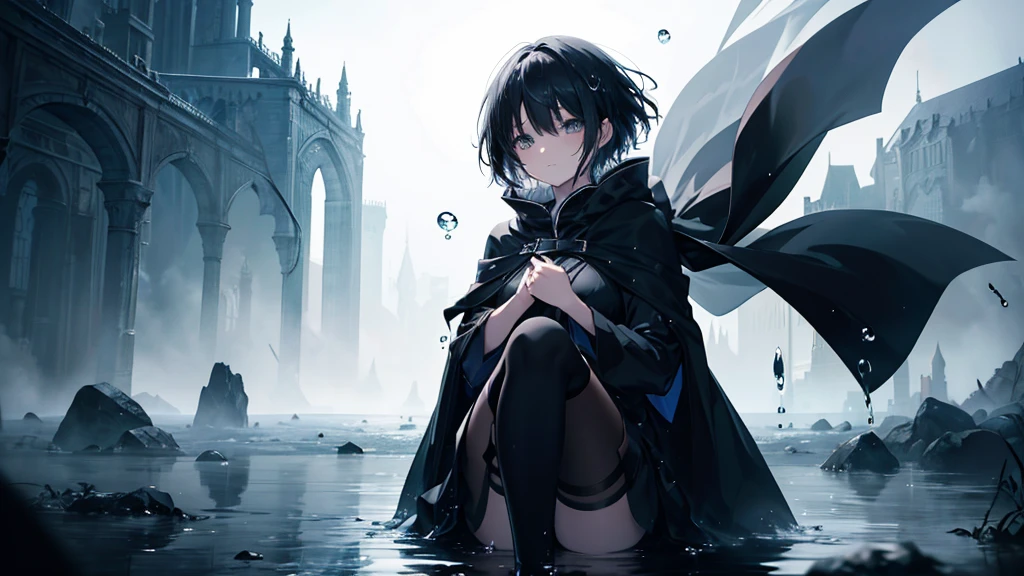 anime girl with black short hair, black cloak, apocaliptic, floating drops of water, ethereal, dramatic lighting, standing on her knees at water floor, fantasy