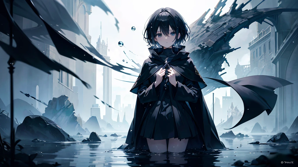 anime girl with black short hair, black cloak, apocaliptic, floating drops of water, ethereal, dramatic lighting, standing on her knees at water floor, fantasy