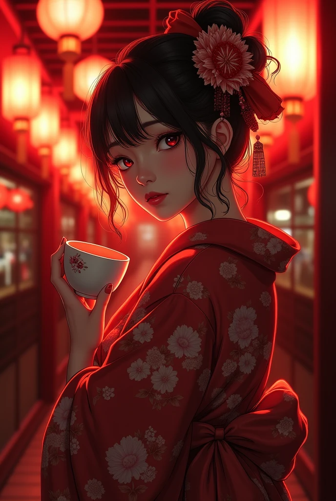 Red light district、Beckon、A woman wearing a kimono、Fearless smile、cup