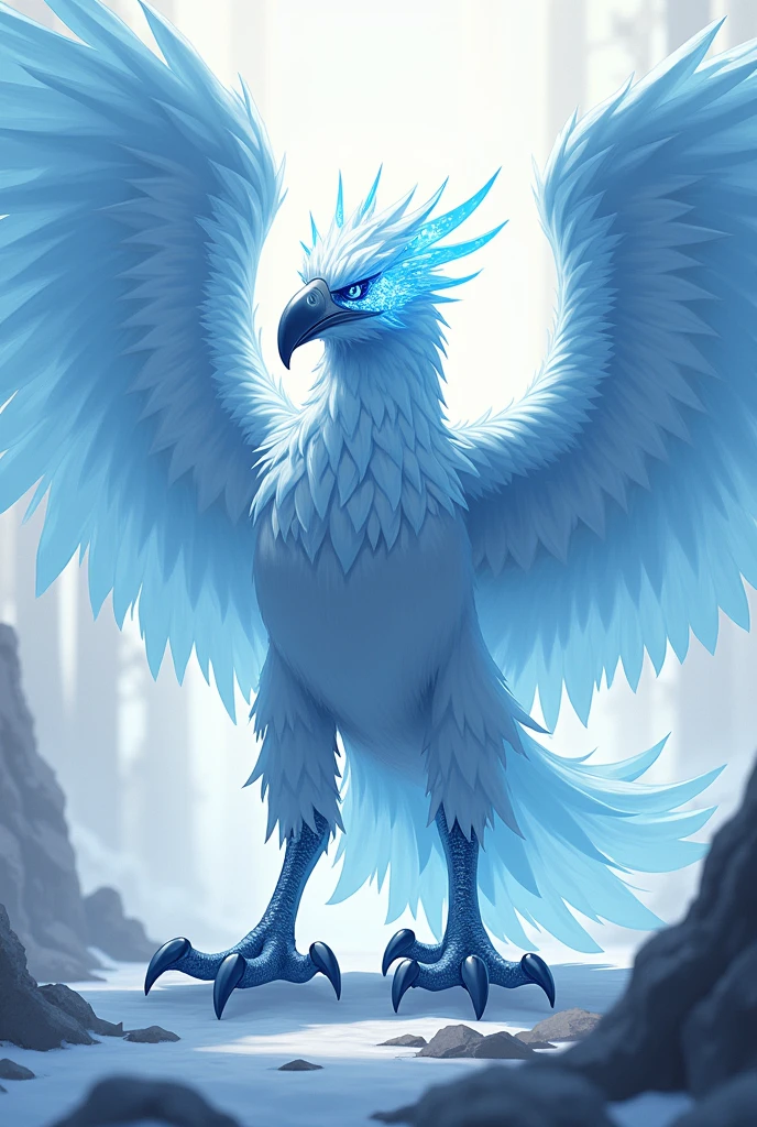 A legendary bird with four legs in anime style. This one spits ice. The lighting is soft, highlighting its majesty.. He has a cold and icy aura around him..