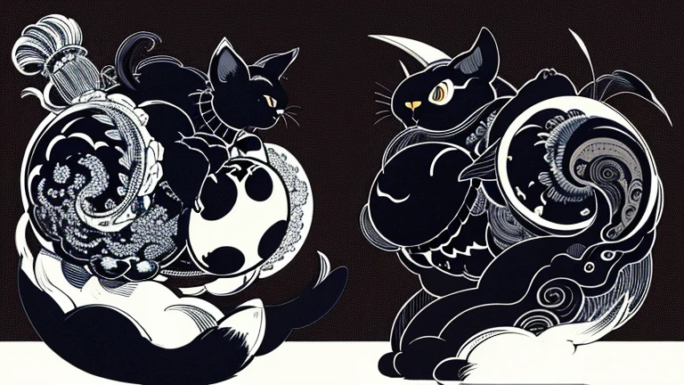 Masterpiece、Ink Art、Monochrome、background、simple、monster、Symmetrical、Cat