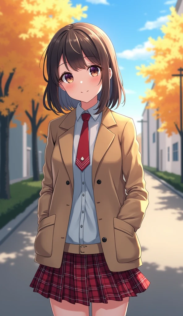 one girl, anime style, jacket, necktie, plaid skirt, beautiful, naive, my neighborhood friend, beautiful, smile at me