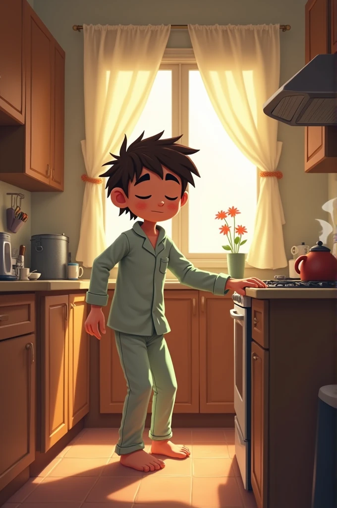 A sleepy character named Bob, dressed in pajamas, stumbles into a cozy kitchen early in the morning. The kitchen has a simple layout with wooden cabinets, a countertop, and a coffee maker. Bob’s eyes are half-closed, and he has a disheveled appearance. The scene is lit with soft morning light coming through a window