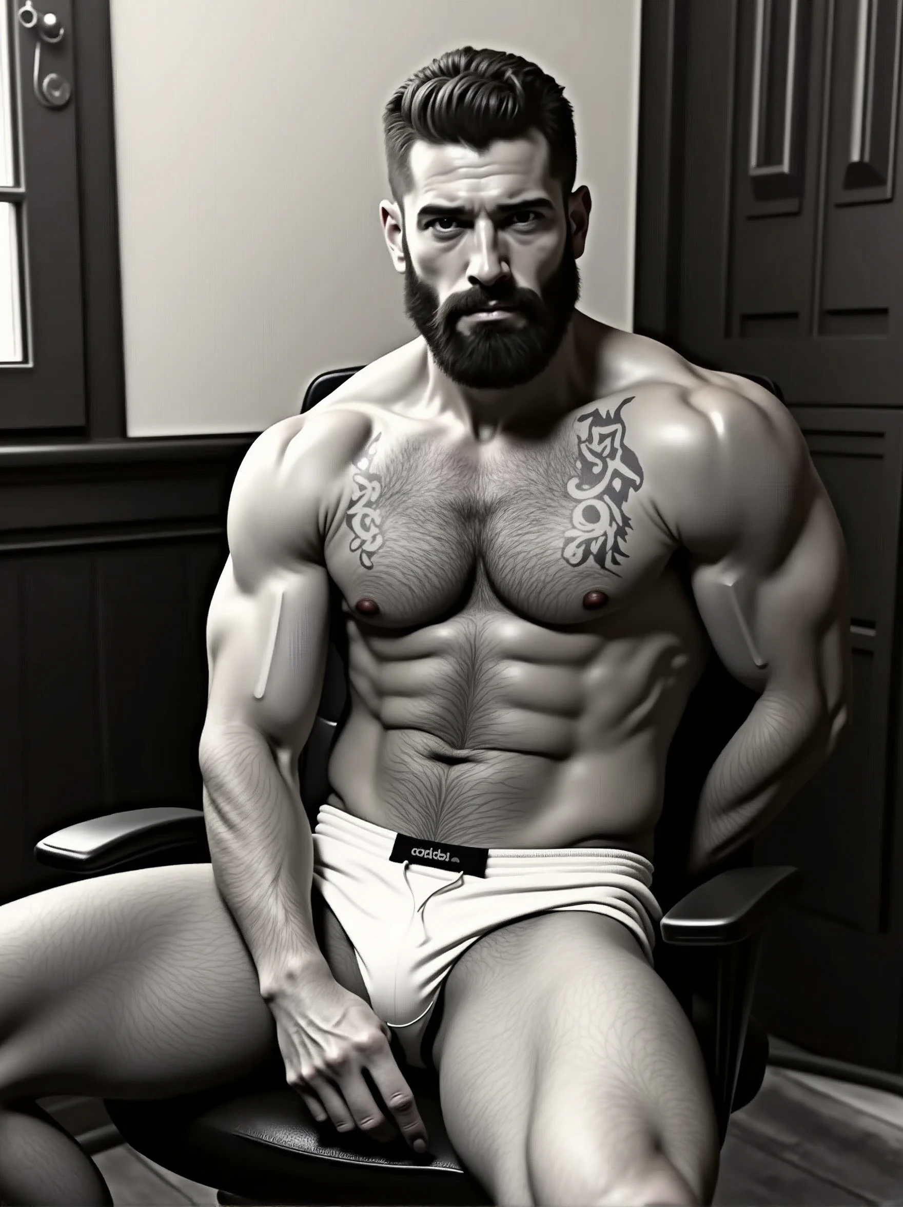 sexy dilf white coach daddy soccer player laying on his office chair, white socks, adidas socks, dirty socks, beard, indoor lighting, hairy, proportionate body, sport calf high socks, man spread, male focus, squat, short hair, lean body, showing hairy gaping anus, beautiful detailed erect penis, brown hair, full body tattoos, toned body, his hands are behind his back, from below