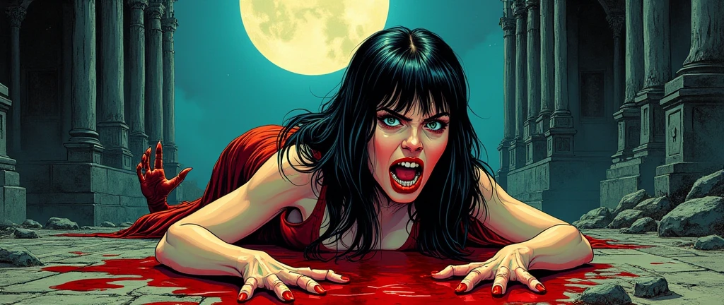 Illustration, Vibrant color palette, Dynamic linework, Exaggerated expressions, Detailed shading: A dark, mysterious Dark beautiful latin woman with cute legs, surrounded like in the horror movies with zombies with dramatic expressions, a grim atmospheric setting, and a striking color palette.(((ultra realistic))) Photo, masterpiece, top quality, (pale skin), (Ultra detailed face and eyes:1.1)