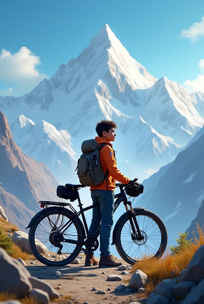 Boy standing in the mountain with his himalayan bike 