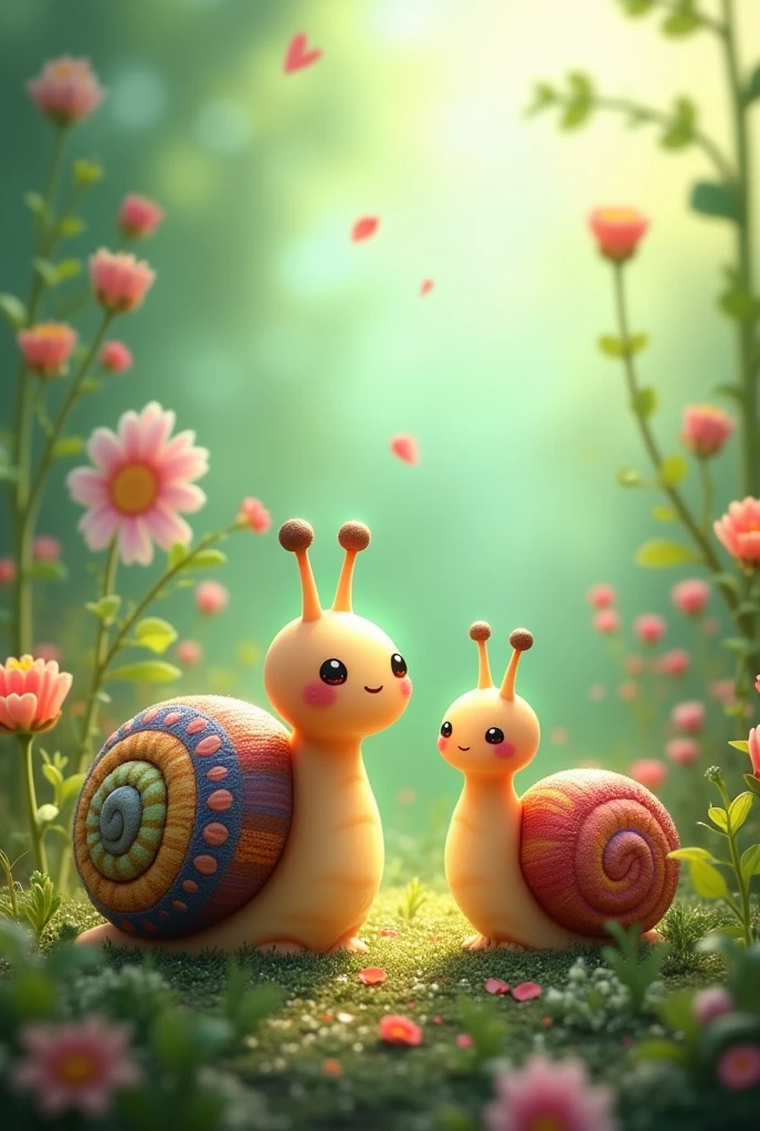 Cute cartoon, two snails,Two snails, one with a shell and the other without. One has a shell and the other does not. Zoom out to see the surroundings. Zoom out again.