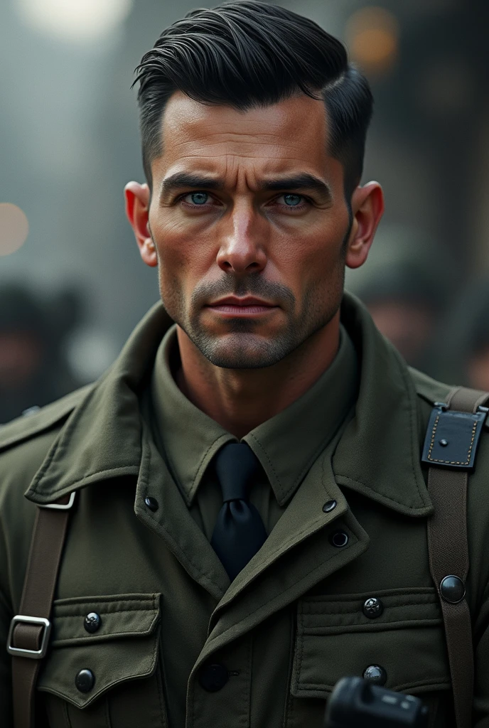 A husband with light blue eyes and black hair, militar man.