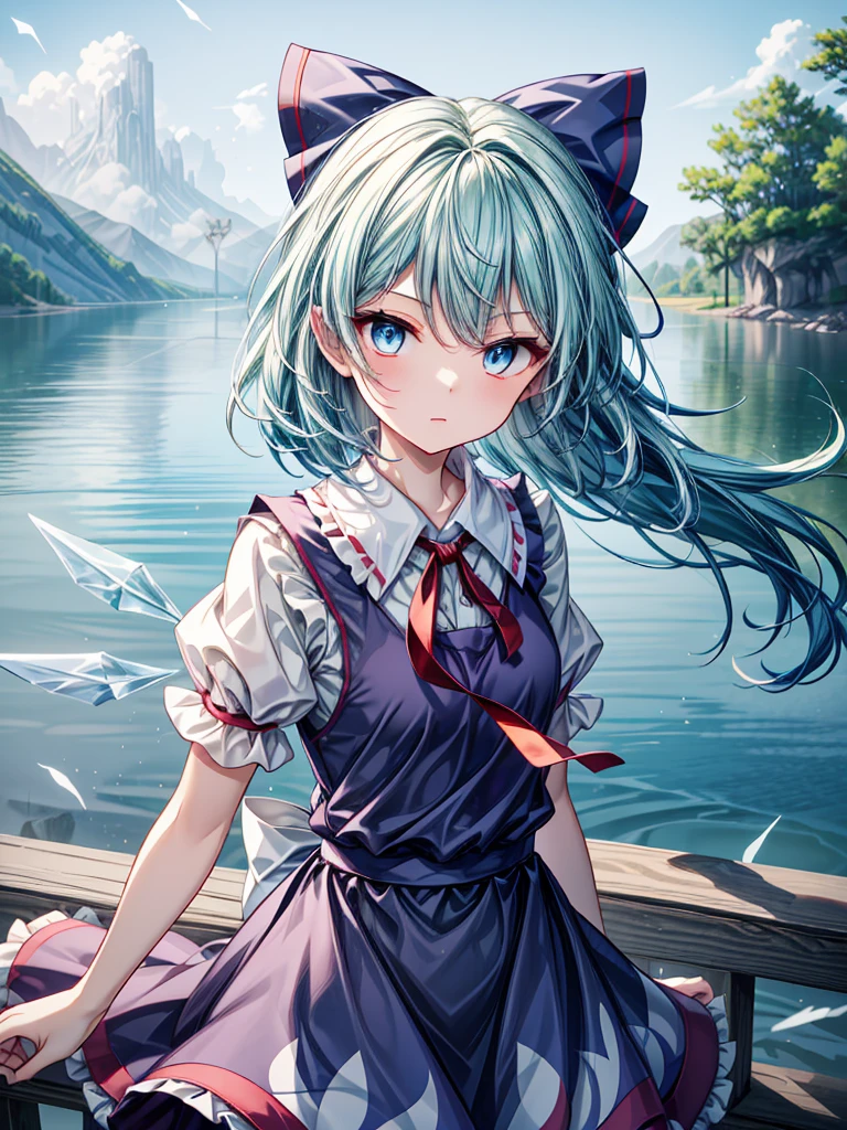 1girl, ((Alluring)),((Wear cold air)),cirno (Touhou), ((long hair)), blue hair, ice wings, ((Hair blowing in the wind)),fairy wings, Blue eyes, bangs, white shirt, collared shirt, puffy short sleeves, blue dress, pinafore dress, red ribbon, neck ribbon, blue bow, green bow, hair bow, bow,((misty lake)),((Gensokyo))