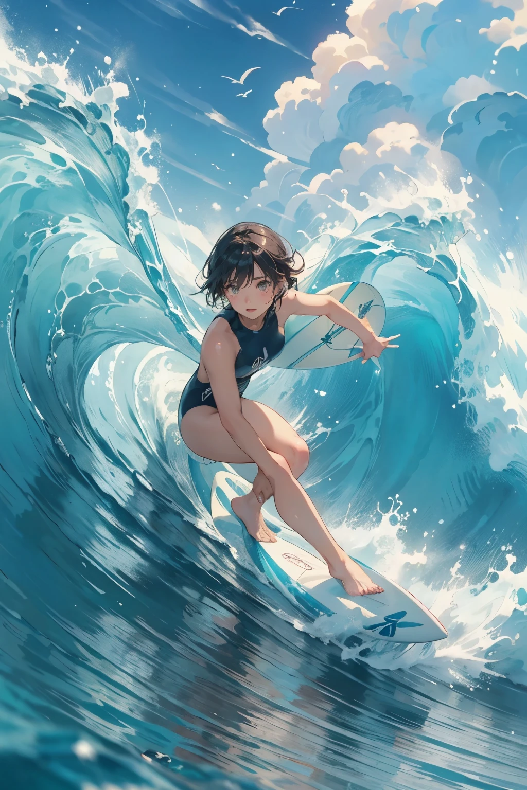 Female surfer riding a wave in the ocean early in the morning、Short Hair、Sexy and colorful swimwear、surfing、 (Riding a surfboard:1.2)、 big wave surfing、Tube Wave、The breaking waves、Wave Splash、surfingの写真、Extreme Sports Photography、(Highest quality, masterpiece, High resolution)、8k、wallpaper