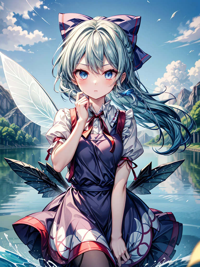 1girl, ((Alluring)),((Wear cold air)),cirno (Touhou), ((long hair)), blue hair, ice wings, ((Hair blowing in the wind)),fairy wings, Blue eyes, bangs, white shirt, collared shirt, puffy short sleeves, blue dress, pinafore dress, red ribbon, neck ribbon, blue bow, green bow, hair bow, bow,((misty lake)),((Gensokyo))