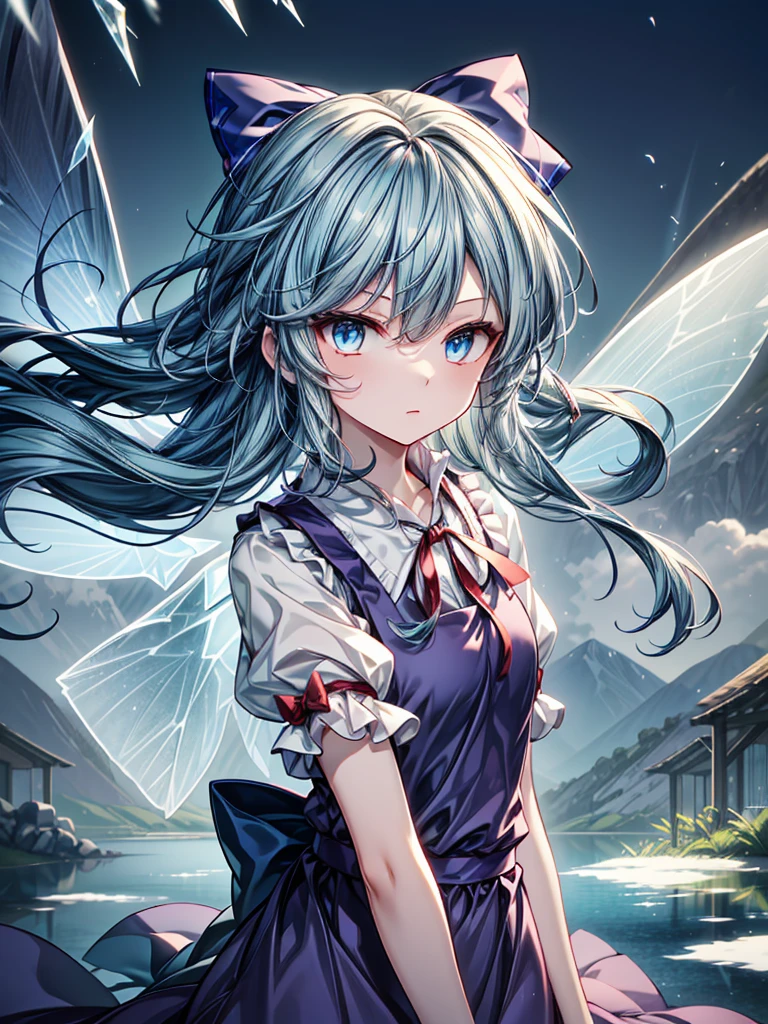 1girl, ((Alluring)),((Wear cold air)),cirno (Touhou), ((long hair)), blue hair, ice wings, ((Hair blowing in the wind)),fairy wings, Blue eyes, bangs, white shirt, collared shirt, puffy short sleeves, blue dress, pinafore dress, red ribbon, neck ribbon, blue bow, green bow, hair bow, bow,((misty lake)),((Gensokyo))