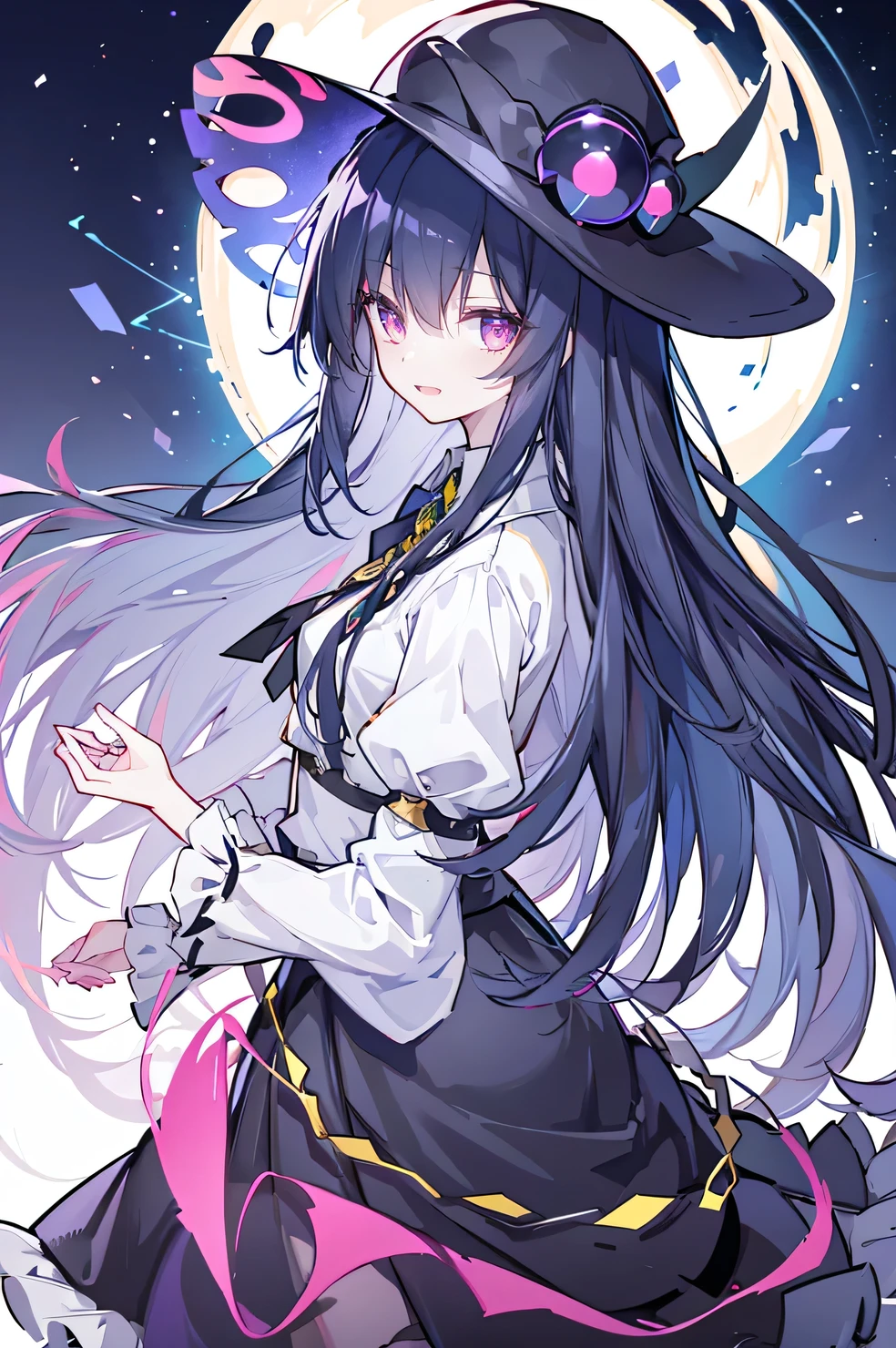 oung Girls,Humanity,A magician always smiles,big witch hat,cute,dark blue long hair,The eyes are dull,The bangs are heavy,Thin eyebrows,fantasy,intake,Double teeth,Star Theme,Constellation pattern,Solid color clothetal decoration,cloak,A bit of a dark atmosphere,A little crazy smile,When the big moon shines outside at night,blood,Hair black star embellishment,Short tie,No nails,High waist skirt,Bell sleeves,Long-sleeved shirt,Black tie,low risk,gentlemen。Mist、Yellow and white effect,Shocking pink as an accent color