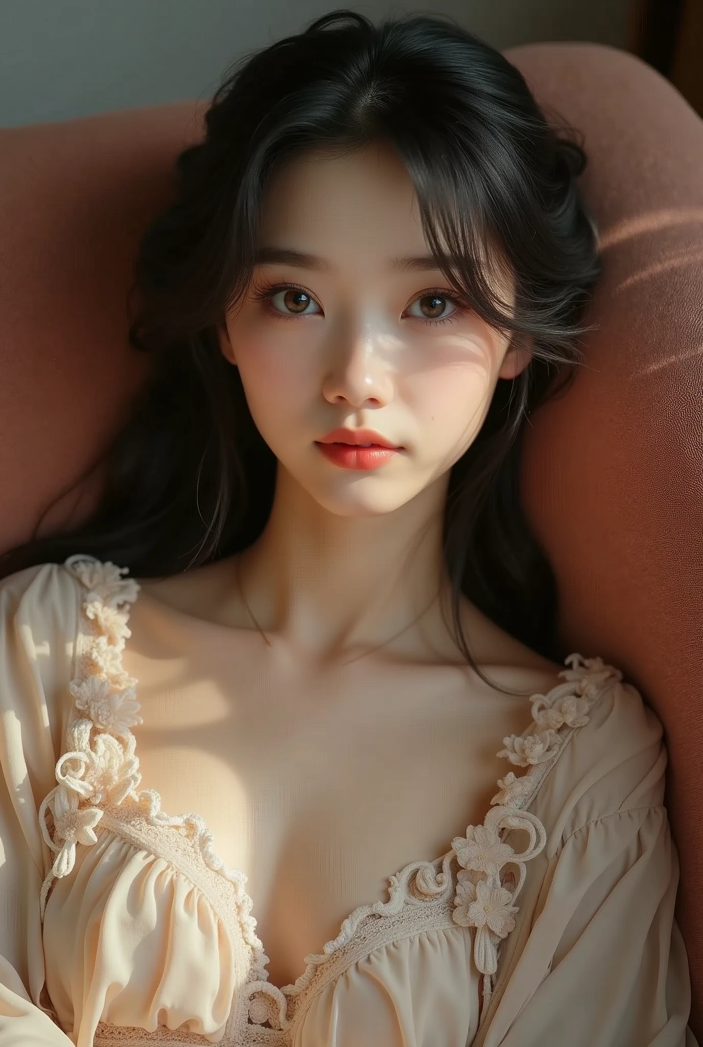 Chinese beauty on the sofa,18 years old,Delicate face,Realism