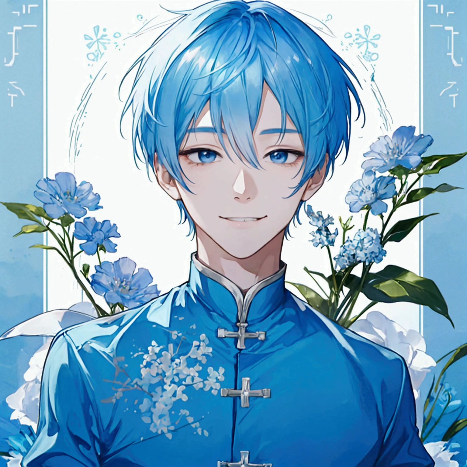 Cool guy、smile、Light blue hair、short hair、Simple background