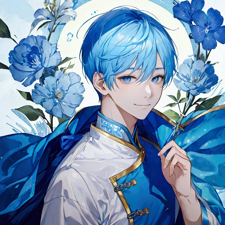 Cool guy、smile、Light blue hair、short hair、Simple background