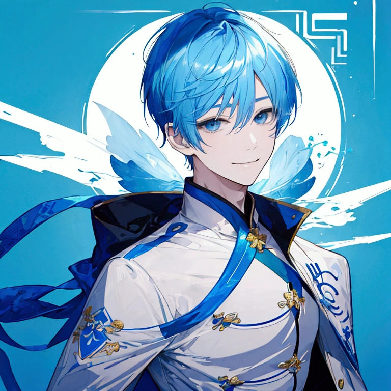 Cool guy、smile、Light blue hair、short hair、Simple background