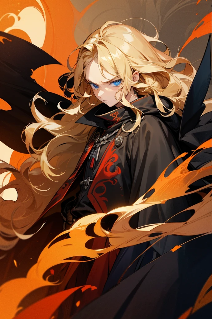 blue eyes, blonde hair, long hair, wavy hair, fire background, tattered clothing, serious face, musuclar, cowboy shot, young male, black cape,