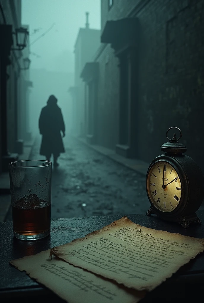 A dark and suspenseful scene featuring a combination of elements that create a mysterious atmosphere. The setting is a foggy, dimly lit street with an eerie, shadowy figure partially visible in the distance, its identity hidden. Nearby, a close-up of old documents and letters is seen, with ancient handwriting, hinting at a long-forgotten secret. A broken glass lies on the ground, next to a cracked clock showing a frozen time, adding to the sense of something ominous. In the background, there is an abandoned, isolated building, with a hidden door partially revealed in the shadows, suggesting a secret room inside. The image also includes a faint outline of a map or blueprint with specific locations marked, creating an air of intrigue. All these elements are bathed in a dark, muted color palette, enhancing the feeling of suspense and mystery.