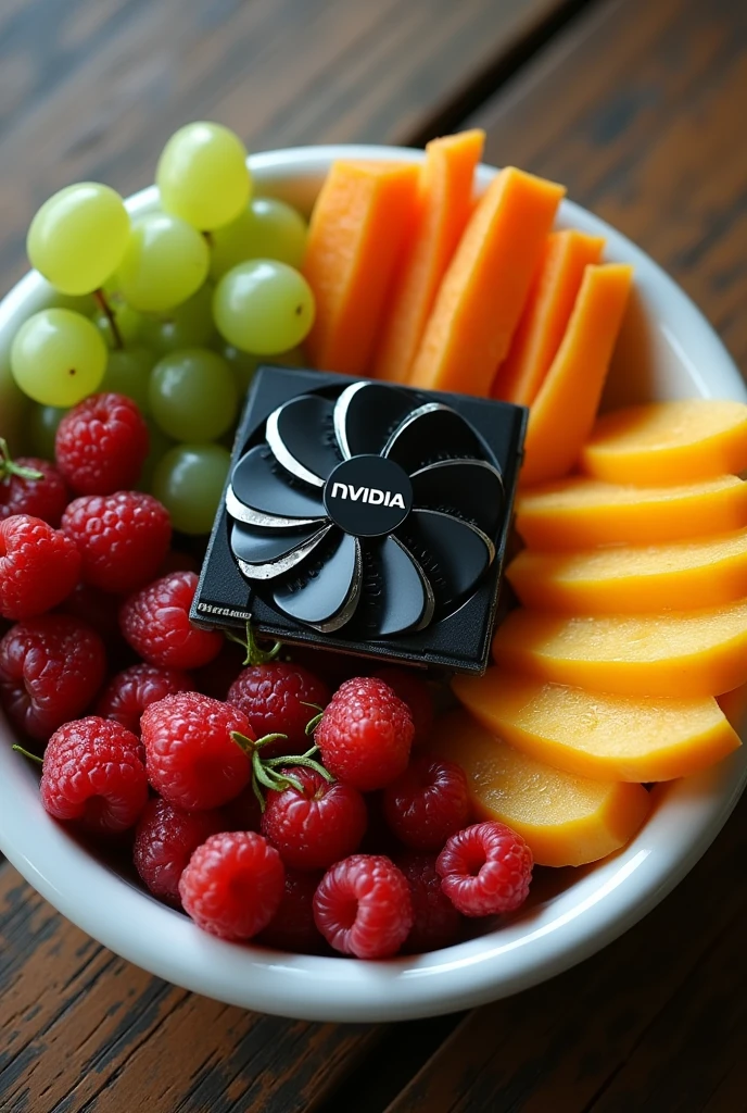 An image of a colorful fruit salad arranged in a fancy dish, with the Nvidia GPU placed in the center as a decorative element, original, buah dengan cipratan air, segar