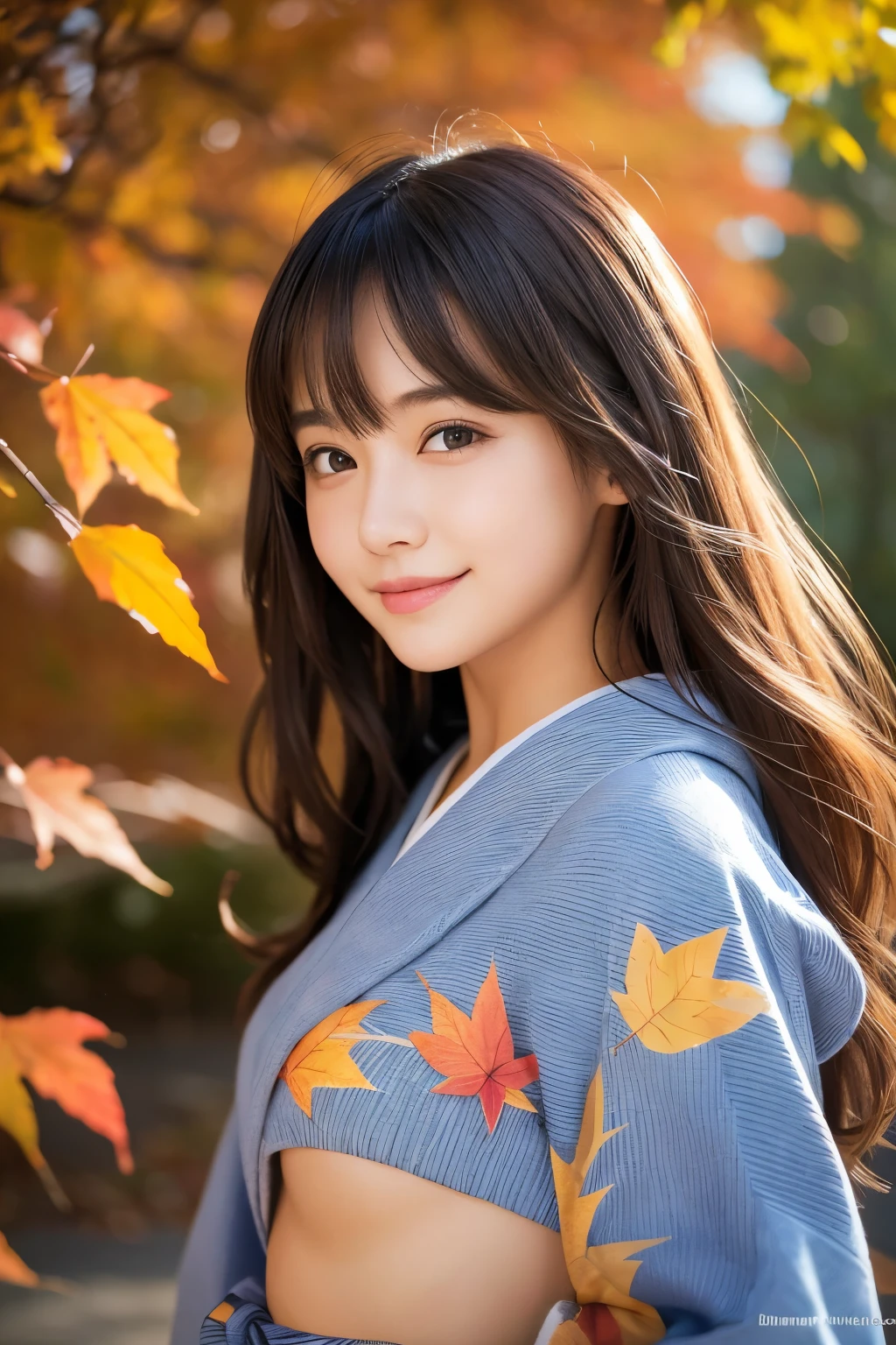 Realistic Skin,In detail, High resolution, high quality、Perfect dynamic composition, Beautiful attention to detail, Medium Hair, small 、Natural color lip,Kamimei、Mysterious Background、20-year-old girl、1 person、Clear Skin、Shiny Hair、Tabletop, 最high quality, figure, Very detailed, In detail, High resolution, 8k、The correct state of the human body、Laughter，Hair dancing in the wind,Colorful and cute autumn leaf pattern yukata,your,Temperature 0°C,Face and body facing forward