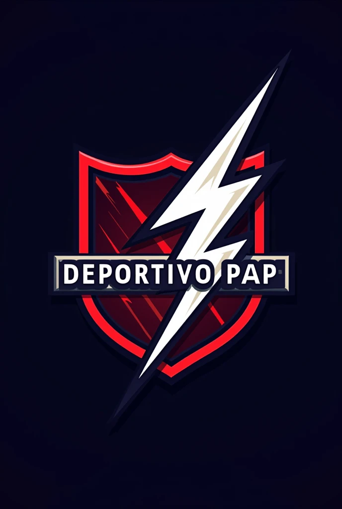 Create a logo that has a team crest that contains a lightning bolt that has white and red stripes on the crest and that says DEPORTIVO PAPI

