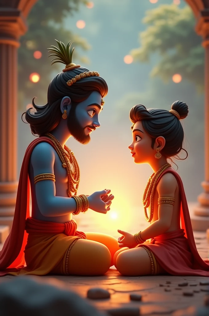 In cinematic 3d cartoon style " Create an image of Krishna and Arjuna engaged in deep conversation. Krishna is delivering his teachings with a glowing aura, while Arjuna is seated with a thoughtful posture. The background can include subtle elements of divine light to emphasize the spiritual nature of the dialogue."