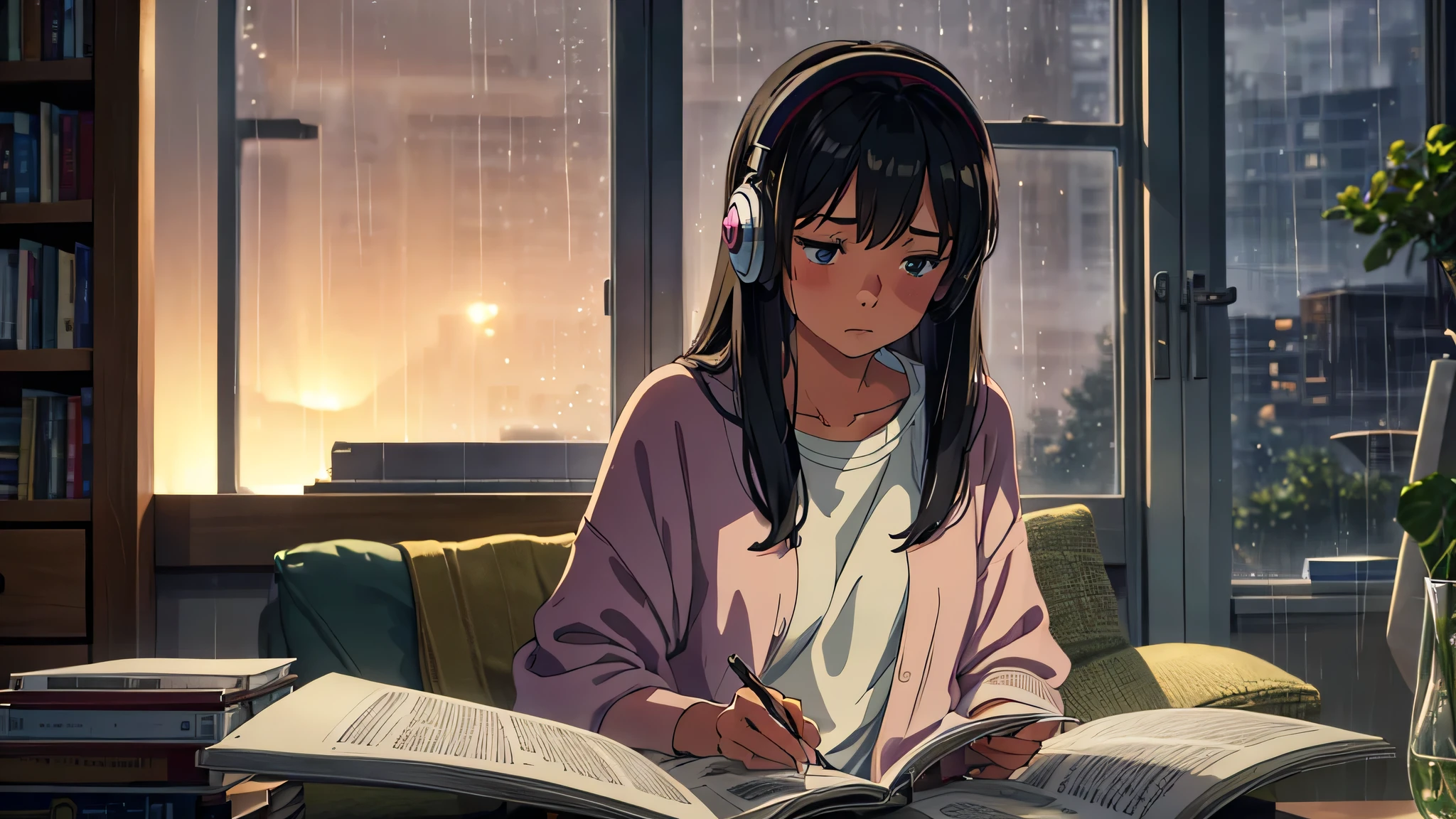 A young girl wearing headphones is sitting in a calm and cozy room near a window with raindrops gently hitting the glass. She's focused, reading a book or working on a notebook. The environment is dimly lit, creating a quiet and peaceful atmosphere. Rain is visible through the window, adding to the serene mood. She seems relaxed, deeply involved in their activity, surrounded by a warm and inviting lofi-style aesthetic