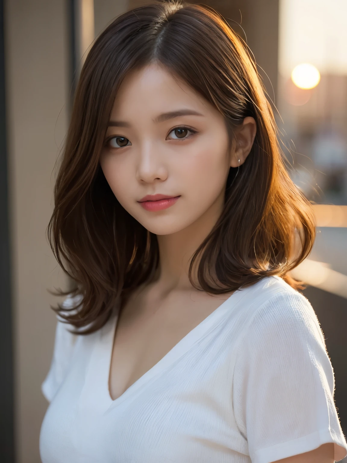 Photorealistic, Live action, Look here and smile, background inside the sunset city, Colorful short-sleeved summer clothes, masterpiece, Best Quality, Ultra-detailed, finely detail, high resolution, 8K Wallpaper, Perfect dynamic composition, Beautiful detailed eyes, Sexy face, long curly brown hair:1.1, Normal chest, Photo from the knee up, (Random body orientation),