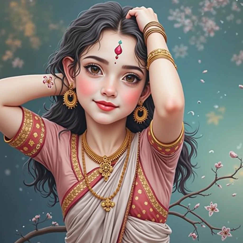 Young Indian girl, delicate and beautiful girl, gentle smile, Dance, Women's jewelry, Ornaments, Tatoo, sari, Indian Garden, Sunny day, water, Flowers, hyper realisitc, hyper-detailing, 8K