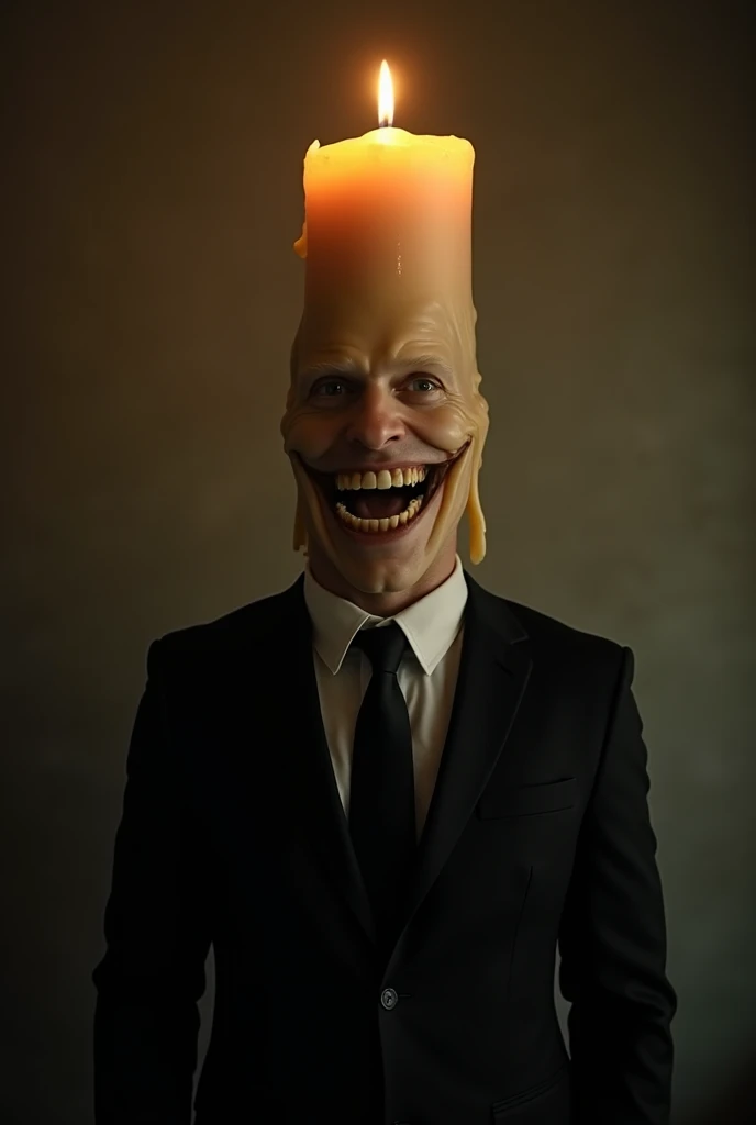 A surreal image of a man wearing a black suit, with his head replaced by a giant, lit candle. The candle is thick and tall, with melted wax dripping down the sides. Instead of a regular face, the candle has a wide, exaggerated grin near the bottom, where the man's mouth would be. The scene is slightly dark, with the candlelight casting an eerie glow around him. The background is minimal, keeping the focus on the man with the candle head and his strange grin