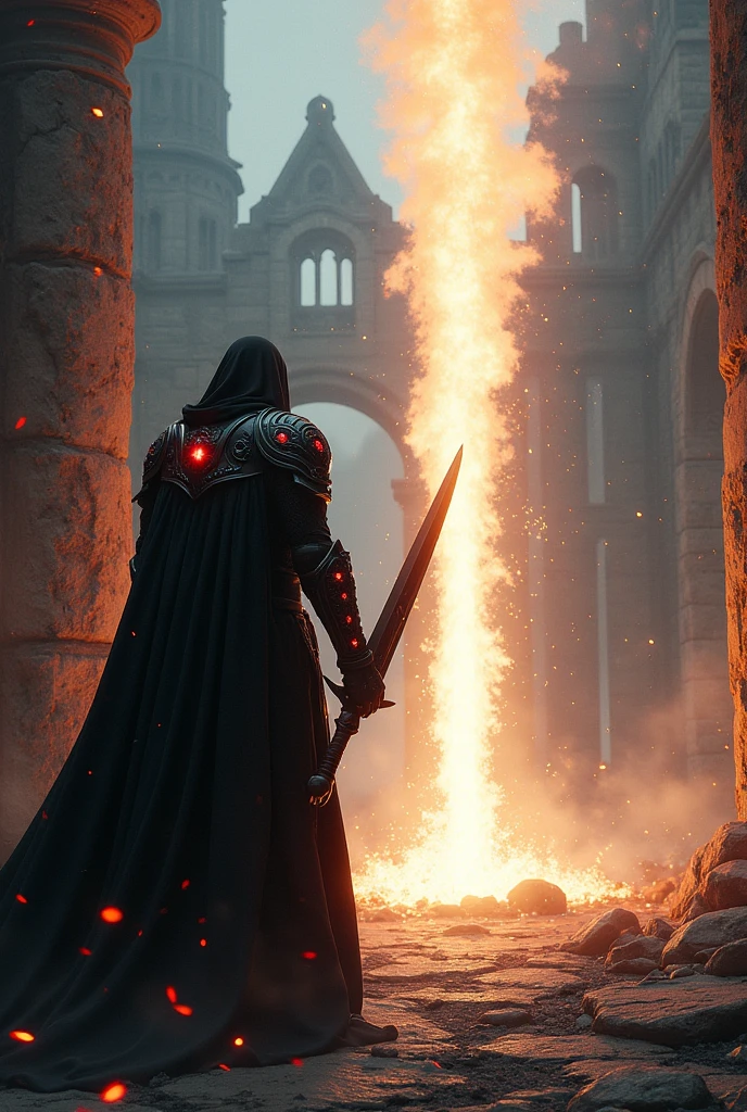 Valis, clad in gothic black armor with blood-red gemstones, faces a formidable foe amidst the ruins of an ancient castle. He wields a black sword and his red eyes blaze with intensity. As he activates his "Luminous Order," a massive pillar of light erupts from his sword, incinerating everything around him. The scene highlights the overwhelming brightness and destructive force of the light, contrasted against the crumbling ruins of the castle and the devastation it causes.