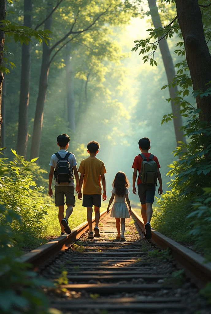 Three teenage boys and a girl walking on a train track in a forest