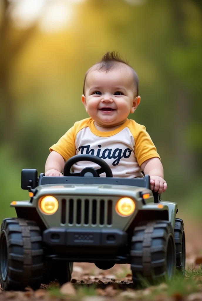 9-month-old baby with Thiago written on his shirt in a jeep cart