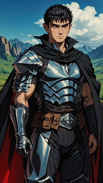 (1man, guts \(berserk\)), (extremely detailed CG unit 8k wallpaper),(master part), (best quality), (ultra detail), (best illustration),(Fantasy Style), cowboy shot, (Sharp eyeliner, ombre, detailed eyes:1), middle earth, outdoors, background,break , (ghibli style), upper body, muscular male, scar on face, short hair, black hair, black cape