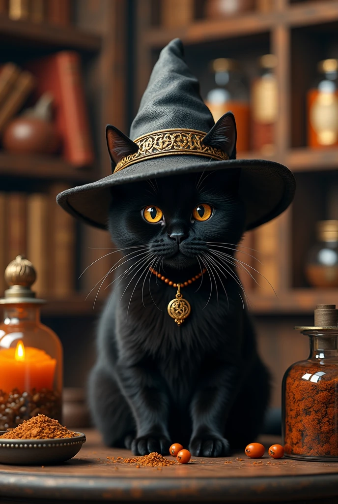 a cute black cat wearing witch'shat, in the style of dark amber and, hyper-detailed portraits, gothic fairytales, ethereal landscapes, hat, no humans, witch hat, cat, animal focus, animal, pumpkin, indoors, black headwear, wiccan artifacts, hyper-detailed,ultra-realistic, 8k,ultra-realistic, hyper-detailed, 32k uhd, (Background is Luxury witches room and magic room) Magic Items, Magic Bottle, Large Magic Bottles, Elven Magic Bottle, Fairy Magic Bottle, hexagram, Crystal Magic, magic books wiccan, Luxury hexagram necklace, luxurious witch necklace, very much Witch spices and Magic Spices, Magic Herbs in Bottles