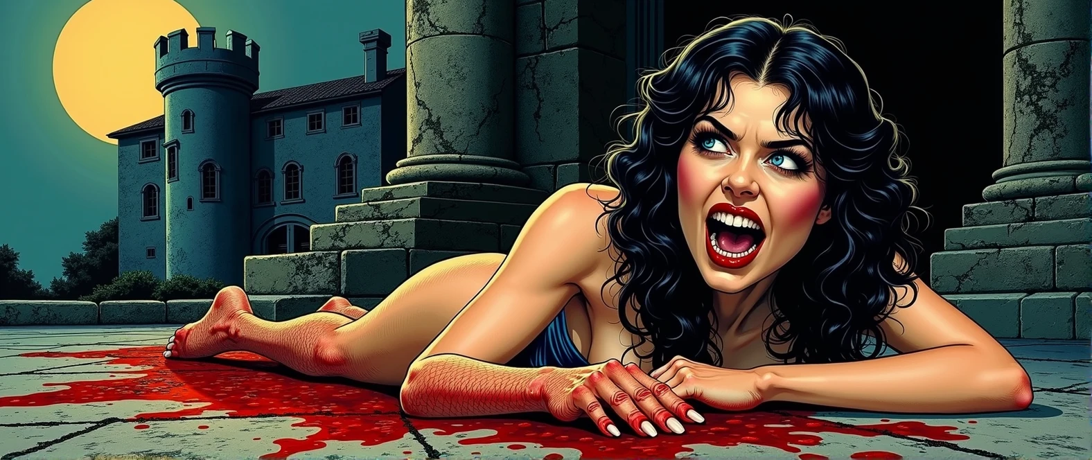 hungry vampire girl, bloody teeth and lips, slithering on floor, Italian castle, full moon, Warren Publishing style, vintage horror comics aesthetic, EC Comics, vivid lurid colors, Frank Frazetta, Moebius, Bernie Wrightson, stark contrast, bold lines, detailed, intricate, HD, 8x, add text, blurbs, BLOOD SUCKING LESBOS