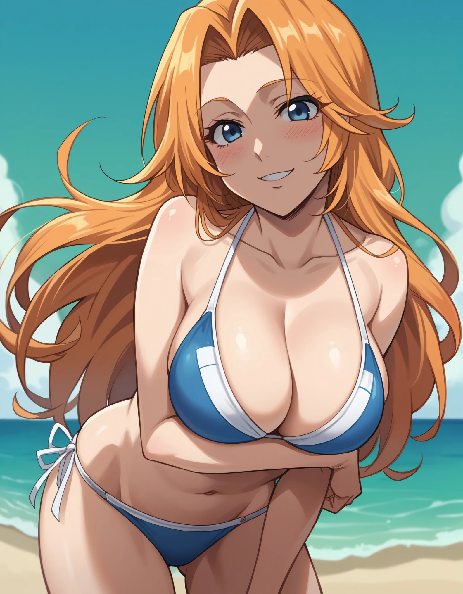 score_9, score_8_up, score_7_up, source_anime, best quality, clear face, Rangiku Matsumoto, orange hair, long hair, blue eyes, large breasts, cleavage, blue bikini ,navel, looking at viewer, smile, from front, beach, blush, leaning forward, cowboy shot, low angle, breast hold