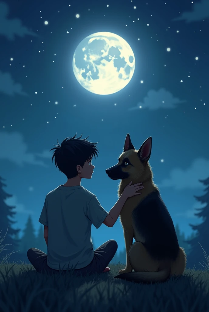 A boy with his german shepherd dog sitting alone watching moon