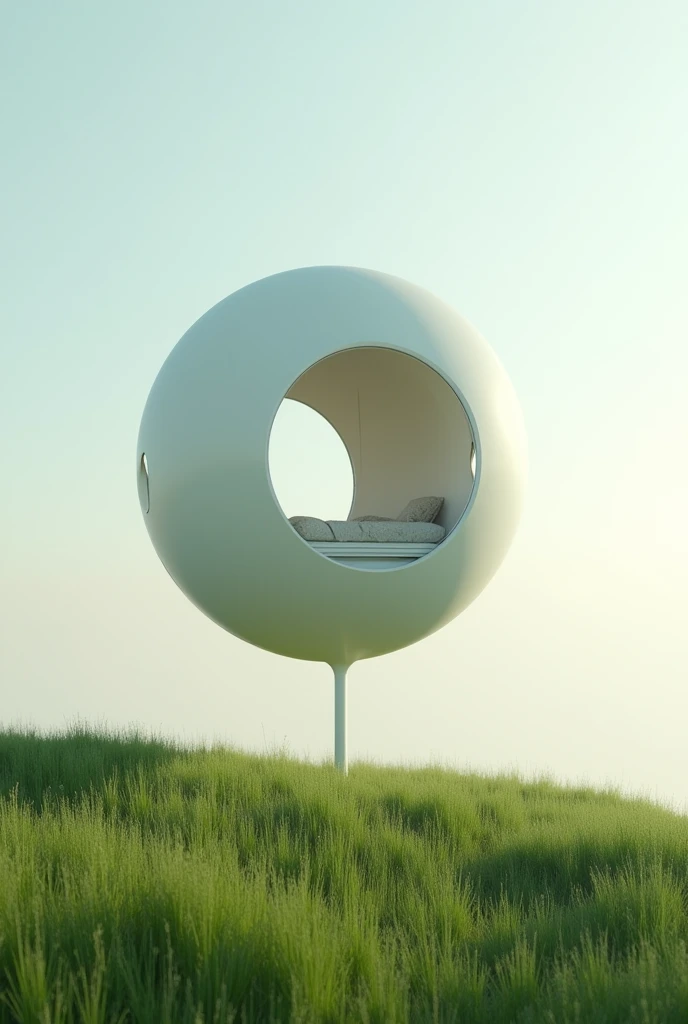 A floating white sphere, build it on the grassland, put a window on it somewhere higher、It would be nice to create a space inside where people can live.!Attach a thin rod to the bottom of the sphere.、So I tried to make it so that it was supported, and then I put the sphere in a higher position, but it's still low.!If you move the sphere higher it will no longer be a sphere.!Make it a sphere、Change the camera position so you can see inside and add furniture such as a bed.