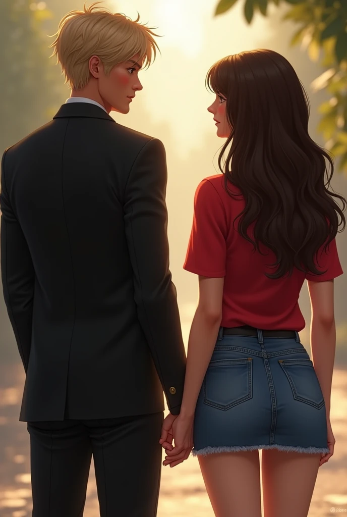 Create me an image of a heterosexual couple, that the man be with blond hair, with black clothes, a little dark skinned, The woman who has waist-length brown hair and wears a denim skirt and a red top, that they are holding hands with their backs turned 