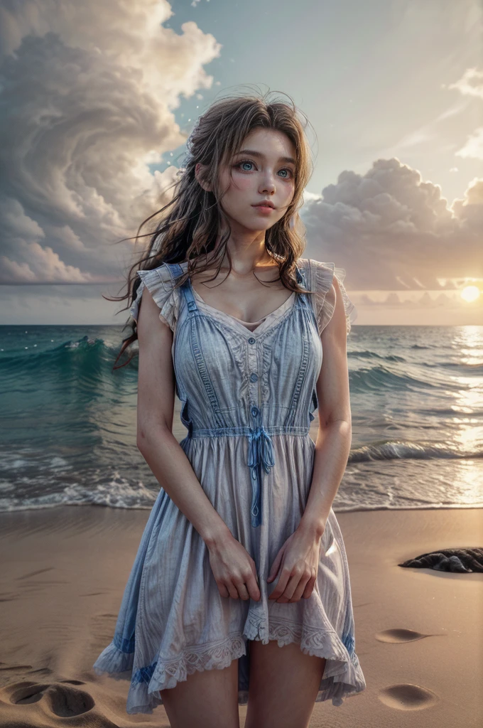 a beautiful woman with long brown hair, delicate facial features, and a serene expression standing on a sandy beach, wearing a white pinafore dress, waves crashing in the background, vibrant blue sky with wispy clouds, warm golden sun lighting the scene, highly detailed, photorealistic, 8k, cinematic lighting, atmospheric, intricate details