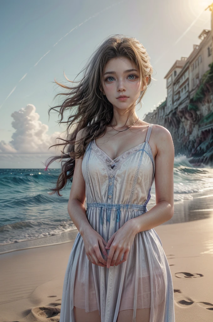 a beautiful woman with long brown hair, delicate facial features, and a serene expression standing on a sandy beach, wearing a white pinafore dress, waves crashing in the background, vibrant blue sky with wispy clouds, warm golden sun lighting the scene, highly detailed, photorealistic, 8k, cinematic lighting, atmospheric, intricate details