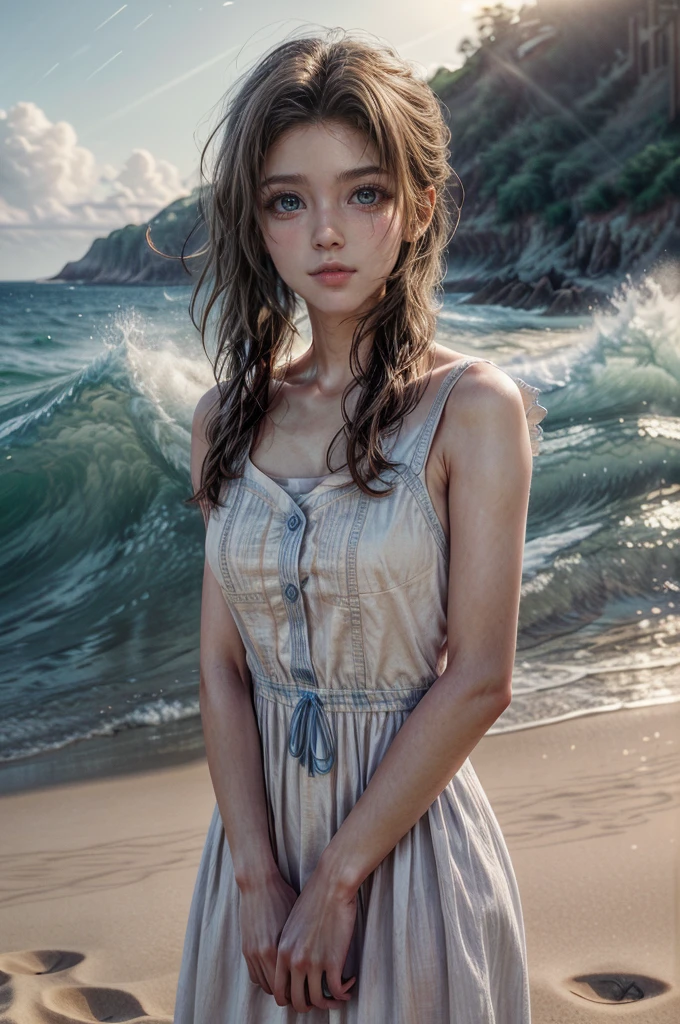 a beautiful woman with long brown hair, delicate facial features, and a serene expression standing on a sandy beach, wearing a white pinafore dress, waves crashing in the background, vibrant blue sky with wispy clouds, warm golden sun lighting the scene, highly detailed, photorealistic, 8k, cinematic lighting, atmospheric, intricate details