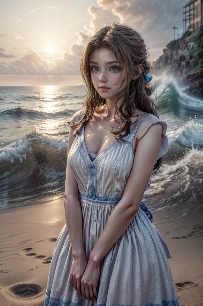 a beautiful woman with long brown hair, delicate facial features, and a serene expression standing on a sandy beach, wearing a white pinafore dress, waves crashing in the background, vibrant blue sky with wispy clouds, warm golden sun lighting the scene, highly detailed, photorealistic, 8k, cinematic lighting, atmospheric, intricate details