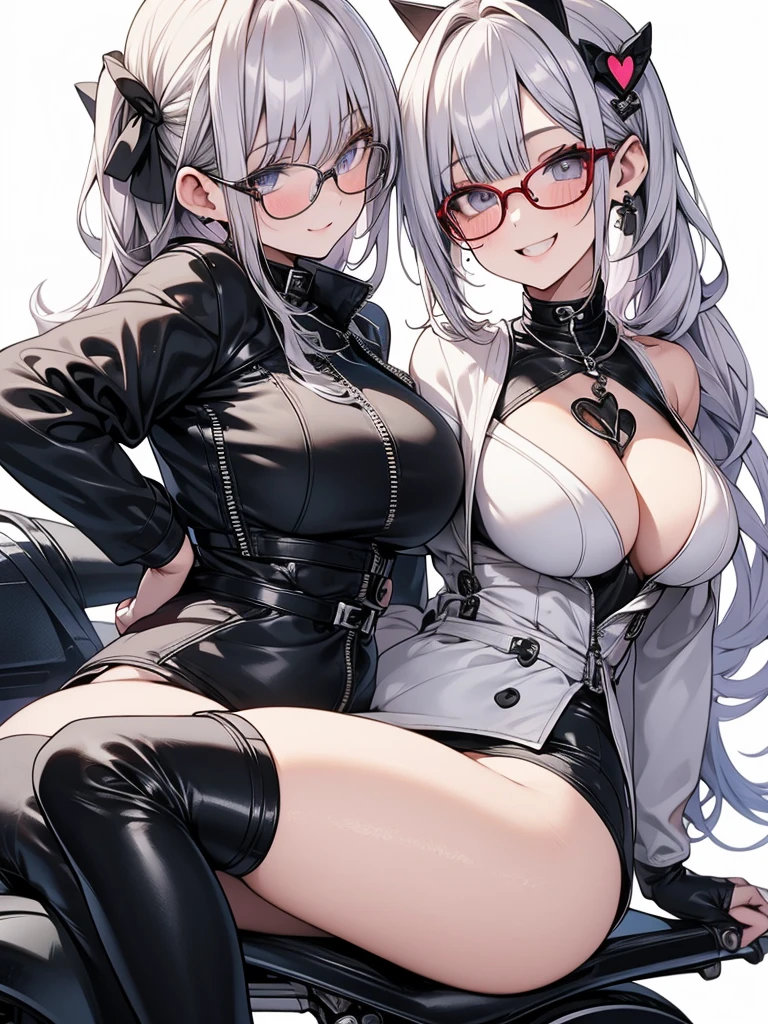 masterpiece, highres, woman, motorcycle, cheerful, smiling, riding motorcycle, looking at viewer, side ponytail, white hair, with heart-shaped irises, with heart-shaped pupils, wheatish skin, tall, slim, beautiful breasts, beautiful ass, idol, long boots, gloves, thighhighs, glasses, beauty mark, cute face, 20-year-old