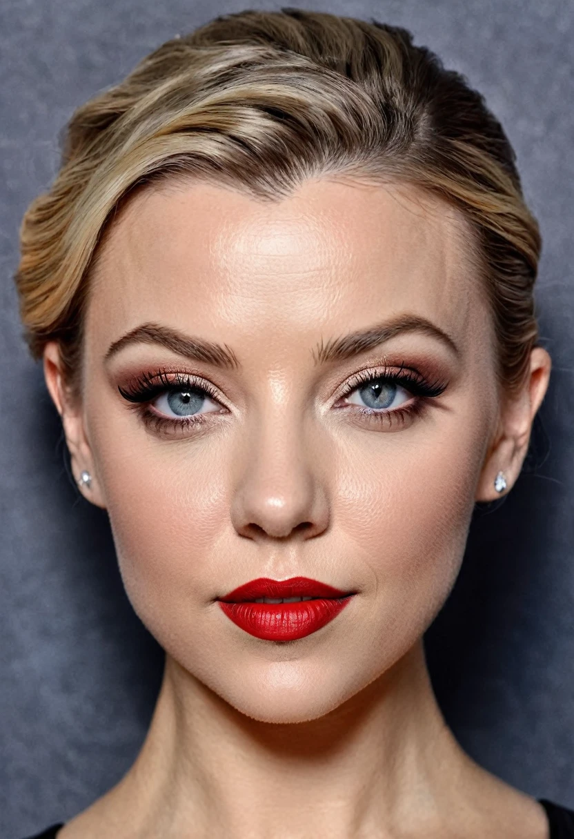 A waist-up portrait of a beautiful female whose face combines features of Jana Cova + Natalie Dormer. The female has lovely makeup on her face. The female wears red lipstick. Symmetrical eyes. Symmetrical face. Lovely details. Photorealistic. Full-colored photo. Professional photo. Highly detailed 8K.