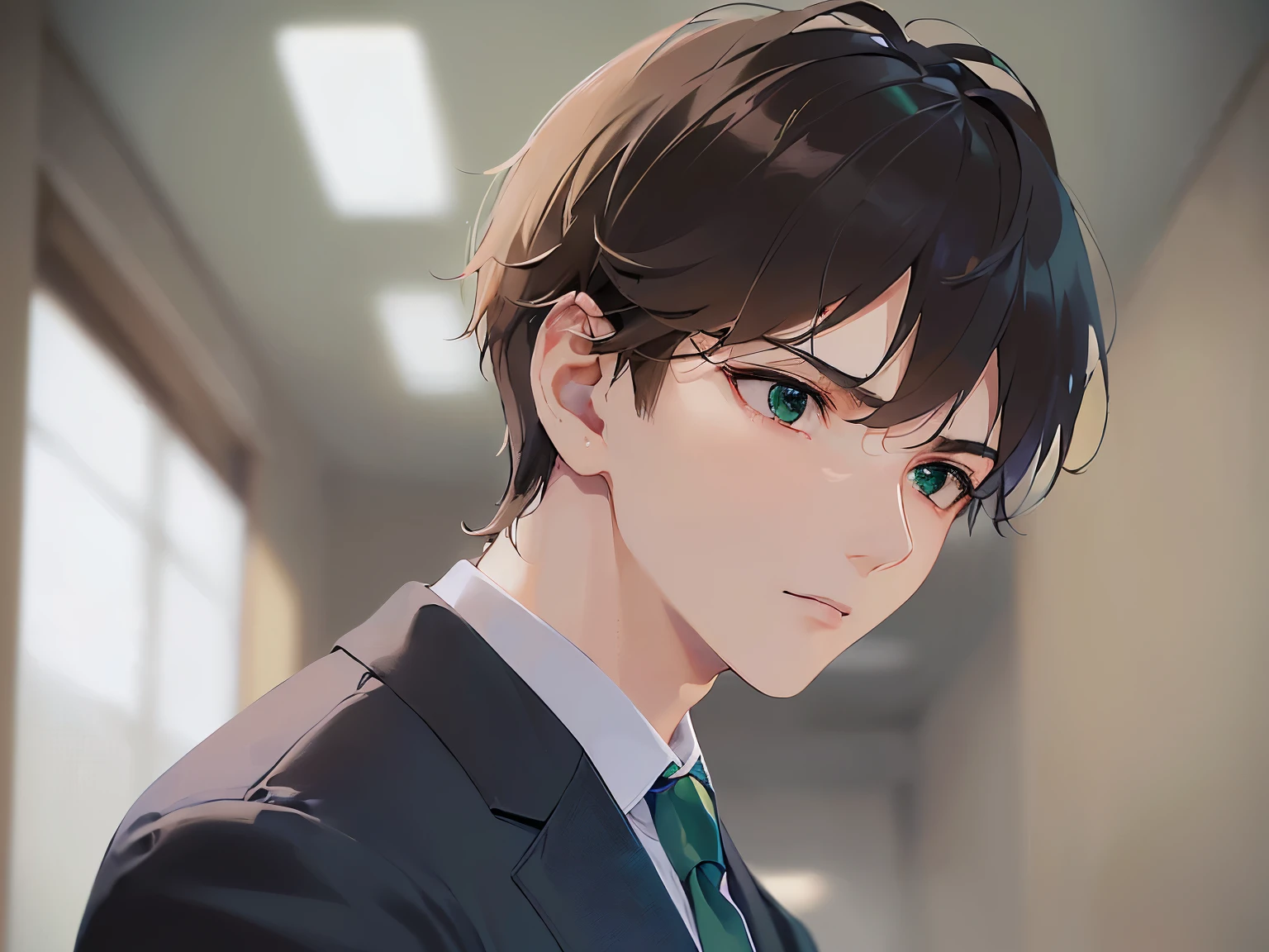 side angle, (looking away:1.5), Close-up of your face、shiny skin, masterpiece、Highest quality、(25-year-old male:1.5) and (Brown short hair) and (green eyes), BREAK (suit:1.5) and (Blue tie) BREAK 、Are standing、uneasy、Background is an office room、(Alone:1.5)、Upper body is shown、
